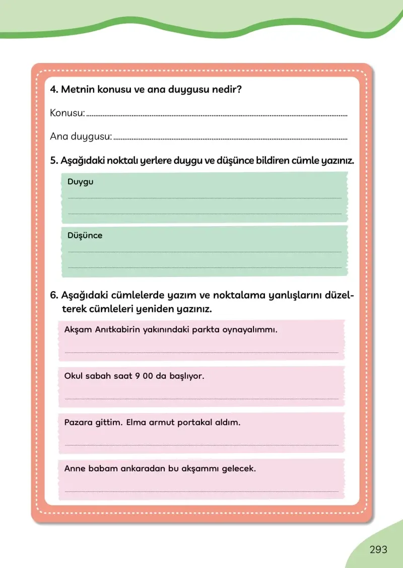 3. Sınıf Türkçe Ders Kitabı Cevapları Meb Yayınları Sayfa 293