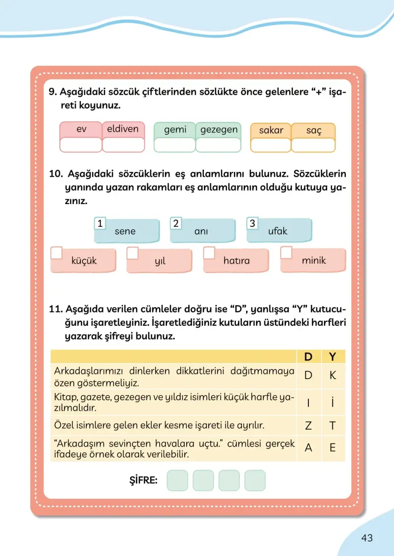 3. Sınıf Türkçe Ders Kitabı Cevapları Meb Yayınları Sayfa 43