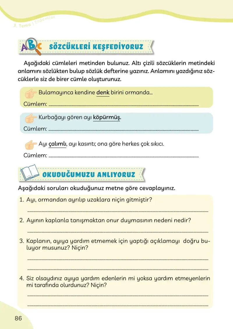 3. Sınıf Türkçe Ders Kitabı Cevapları Meb Yayınları Sayfa 86