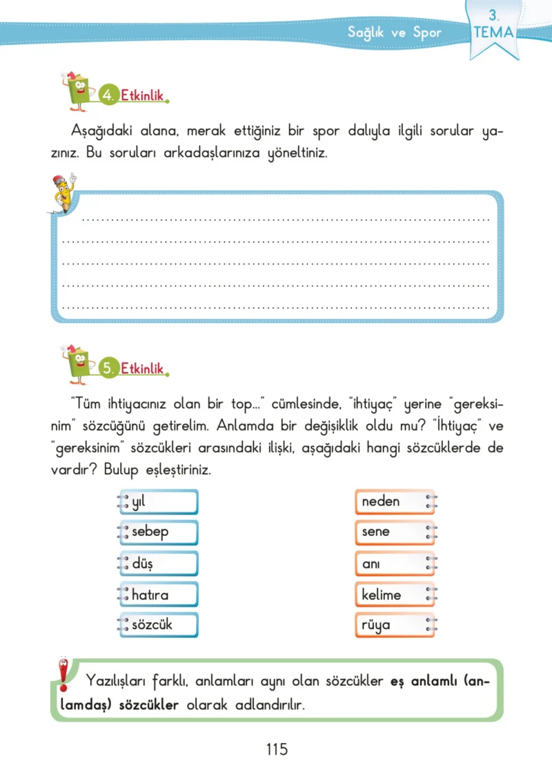 3. Sınıf Türkçe Ders Kitabı Cevapları SDR İpekyolu Yayınları Sayfa 115