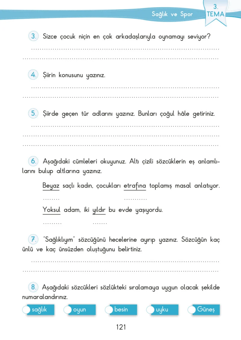 3. Sınıf Türkçe Ders Kitabı Cevapları SDR İpekyolu Yayınları Sayfa 121