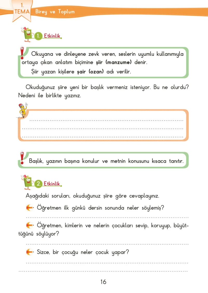 3. Sınıf Türkçe Ders Kitabı Cevapları SDR İpekyolu Yayınları Sayfa 16