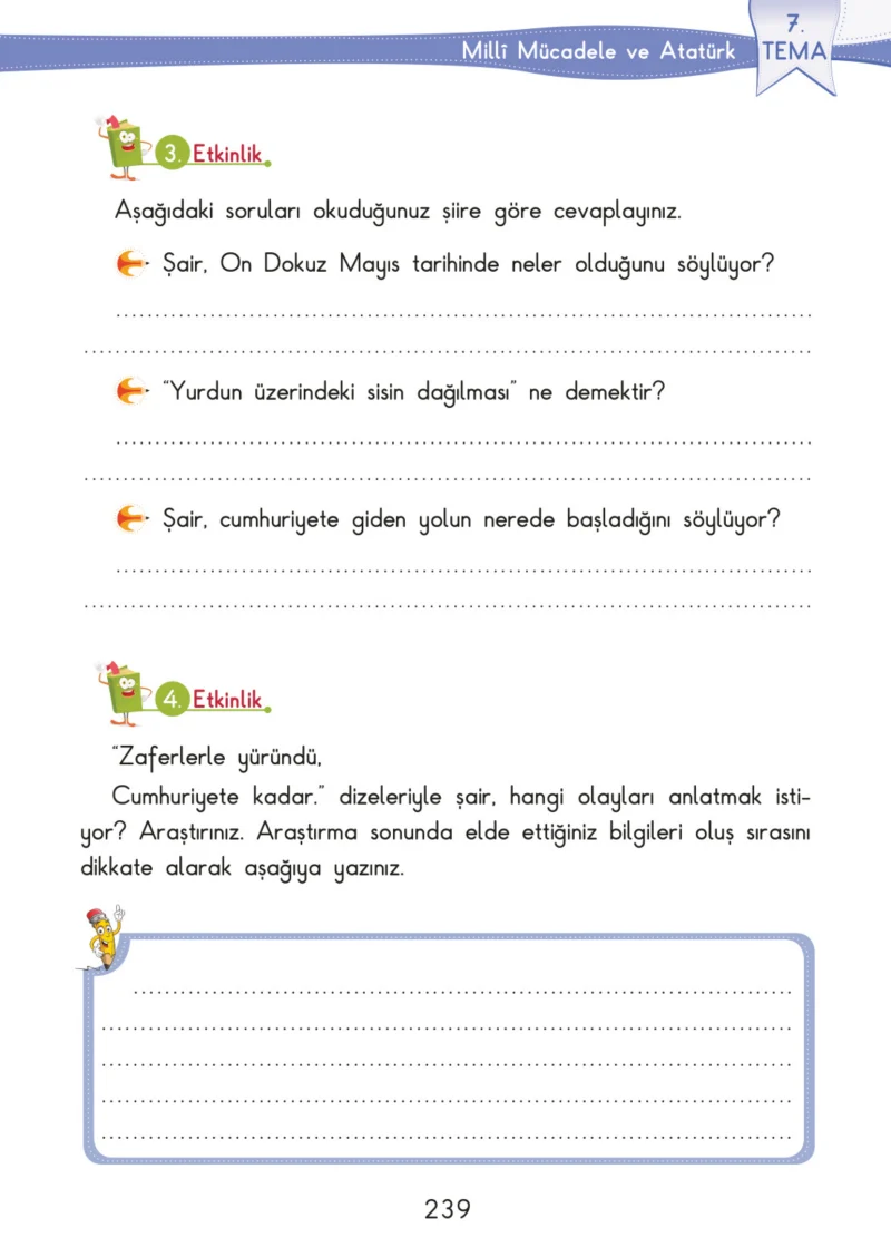 3. Sınıf Türkçe Ders Kitabı Cevapları SDR İpekyolu Yayınları Sayfa 239