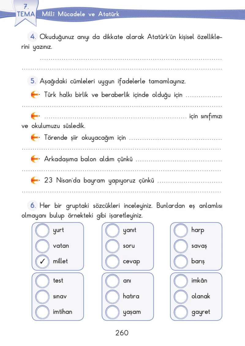 3. Sınıf Türkçe Ders Kitabı Cevapları SDR İpekyolu Yayınları Sayfa 260