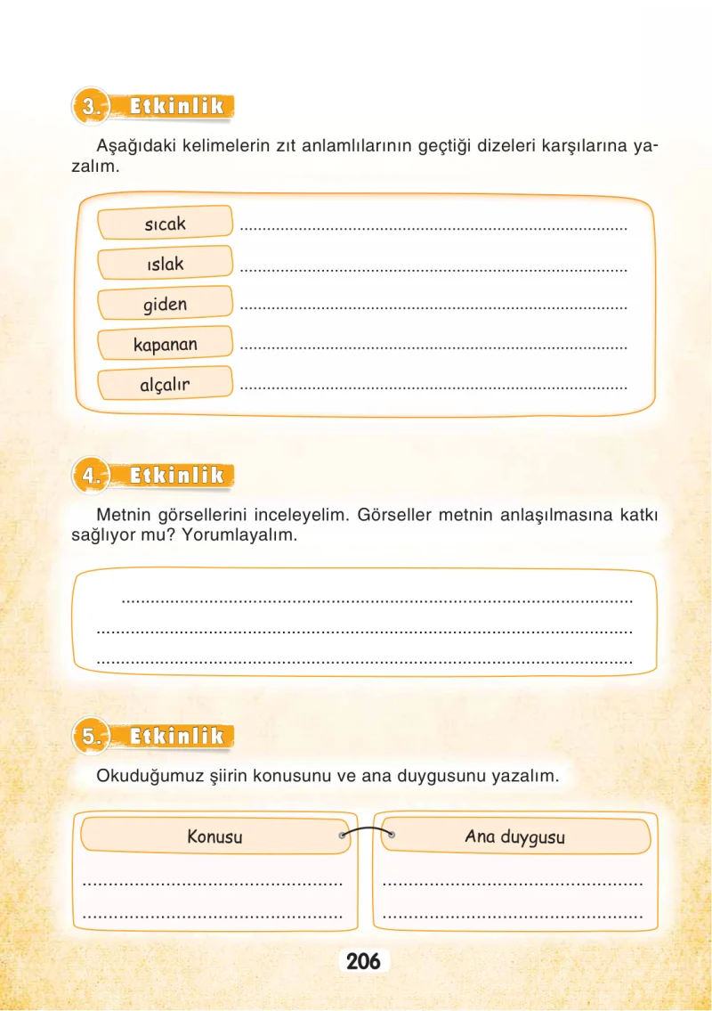 3. Sınıf Türkçe Ders Kitabı Cevapları Sonuç Yayınları Sayfa 206