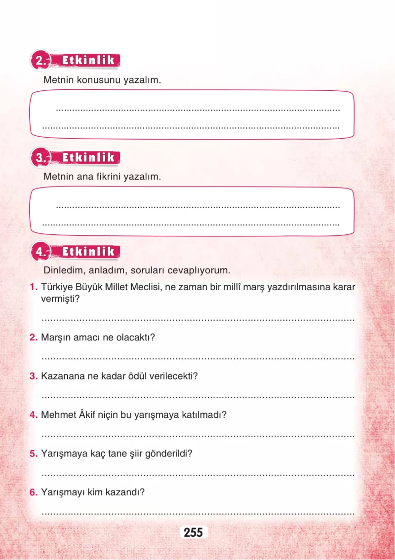 3. Sınıf Türkçe Ders Kitabı Cevapları Sonuç Yayınları Sayfa 255