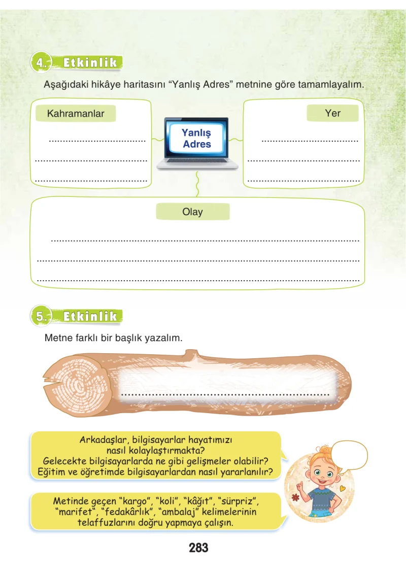 3. Sınıf Türkçe Ders Kitabı Cevapları Sonuç Yayınları Sayfa 283