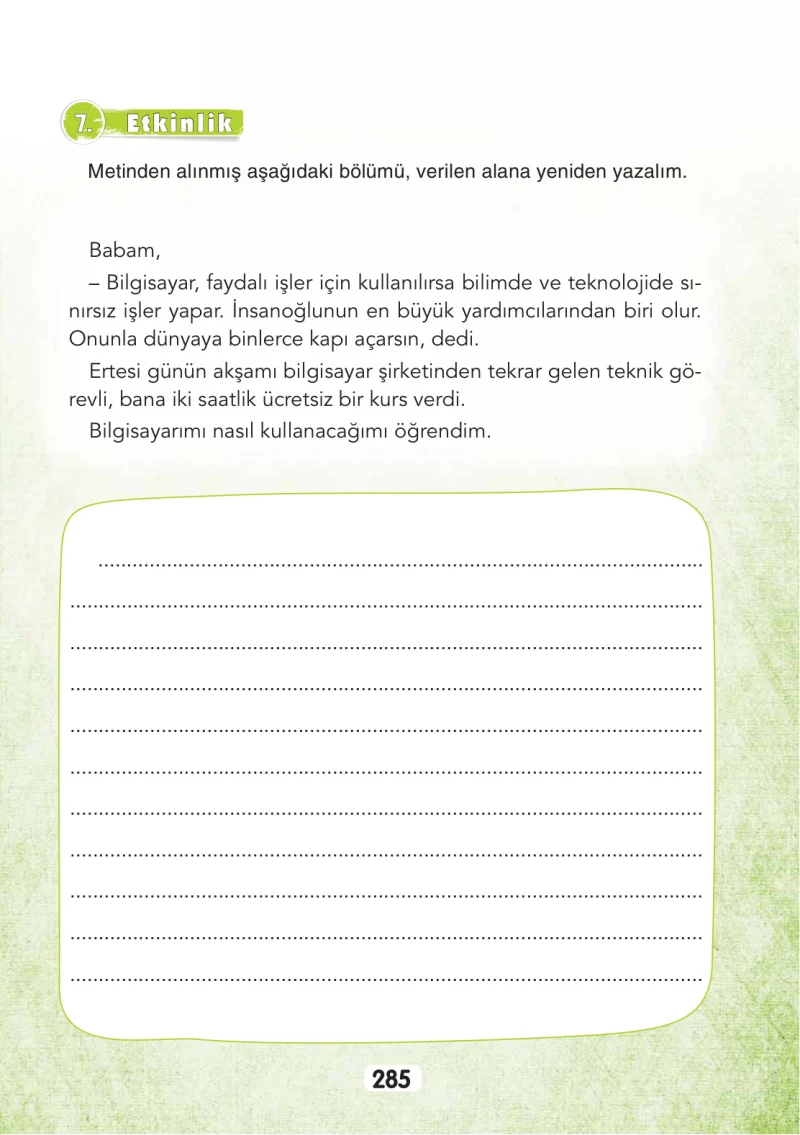 3. Sınıf Türkçe Ders Kitabı Cevapları Sonuç Yayınları Sayfa 285