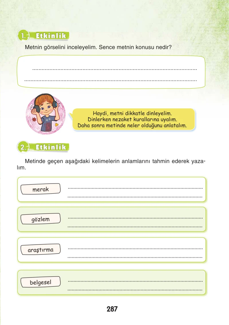 3. Sınıf Türkçe Ders Kitabı Cevapları Sonuç Yayınları Sayfa 287