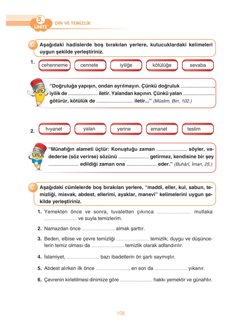 4. Sınıf Din Kültürü ve Ahlak Bilgisi Ders Kitabı Cevapları Anka Yayınları Sayfa 108