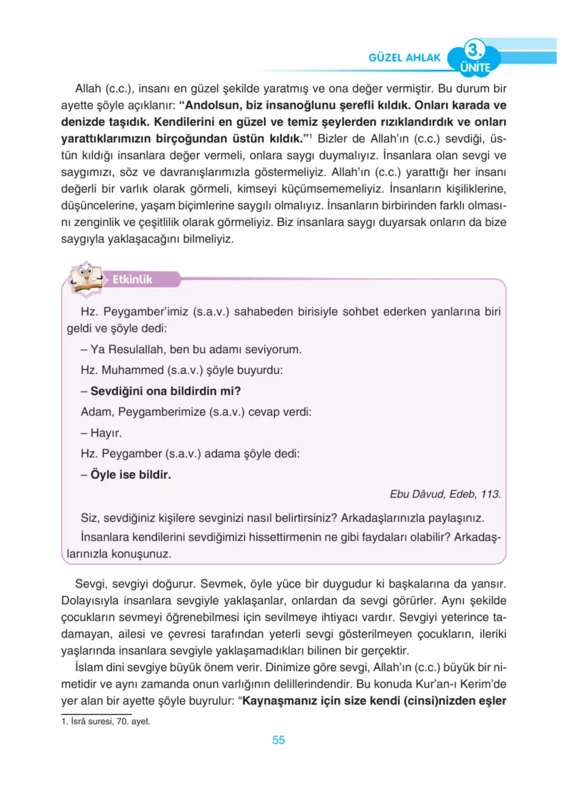 4. Sınıf Din Kültürü ve Ahlak Bilgisi Ders Kitabı Cevapları Anka Yayınları Sayfa 55
