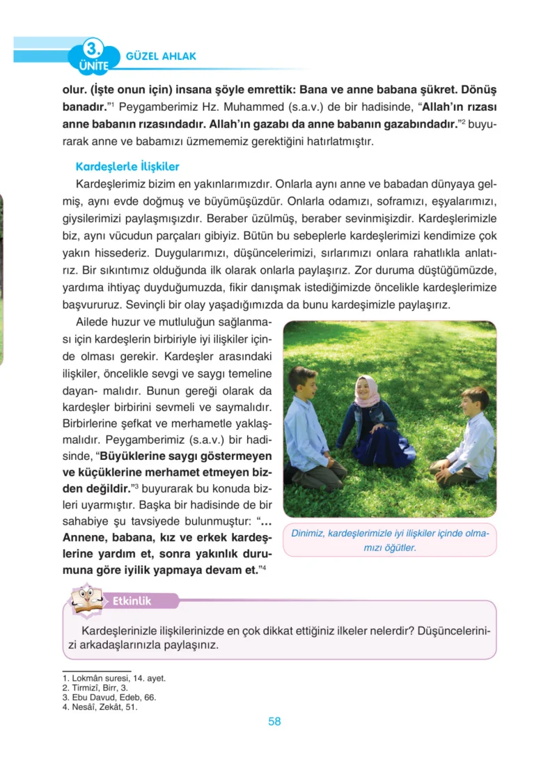 4. Sınıf Din Kültürü ve Ahlak Bilgisi Ders Kitabı Cevapları Anka Yayınları Sayfa 58
