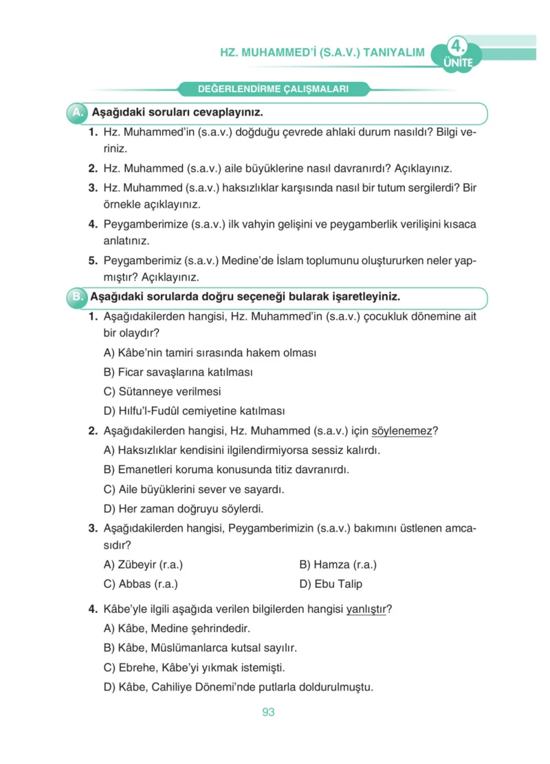 4. Sınıf Din Kültürü ve Ahlak Bilgisi Ders Kitabı Cevapları Anka Yayınları Sayfa 93