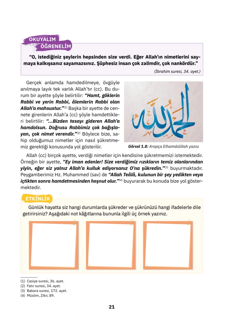 4. Sınıf Din Kültürü ve Ahlak Bilgisi Ders Kitabı Cevapları SDR İpekyolu Yayınları Sayfa 21