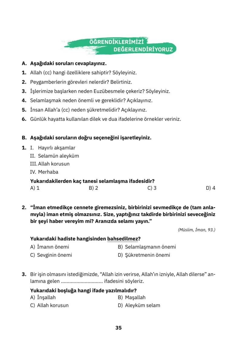 4. Sınıf Din Kültürü ve Ahlak Bilgisi Ders Kitabı Cevapları SDR İpekyolu Yayınları Sayfa 35