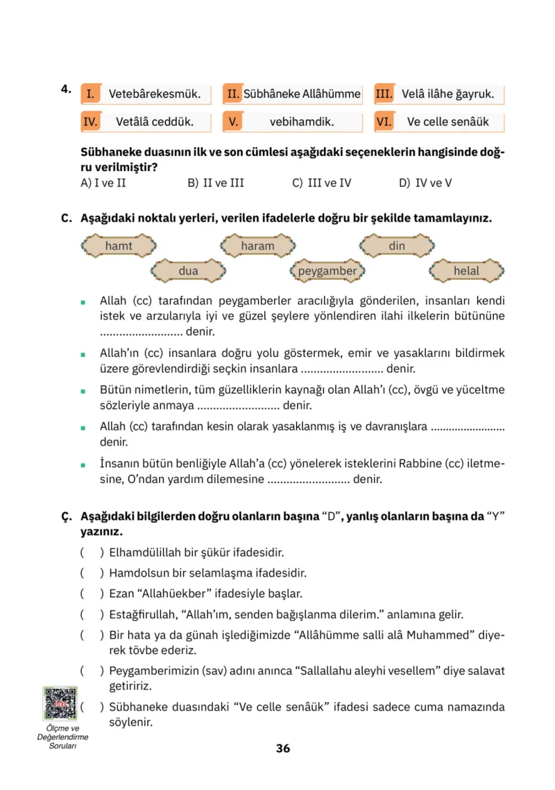 4. Sınıf Din Kültürü ve Ahlak Bilgisi Ders Kitabı Cevapları SDR İpekyolu Yayınları Sayfa 36