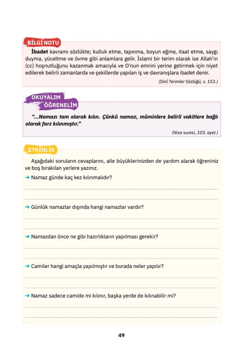 4. Sınıf Din Kültürü ve Ahlak Bilgisi Ders Kitabı Cevapları SDR İpekyolu Yayınları Sayfa 49