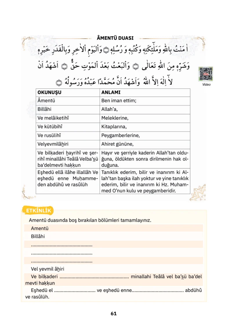 4. Sınıf Din Kültürü ve Ahlak Bilgisi Ders Kitabı Cevapları SDR İpekyolu Yayınları Sayfa 61