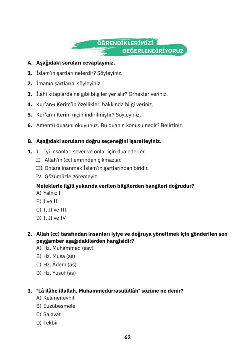 4. Sınıf Din Kültürü ve Ahlak Bilgisi Ders Kitabı Cevapları SDR İpekyolu Yayınları Sayfa 62