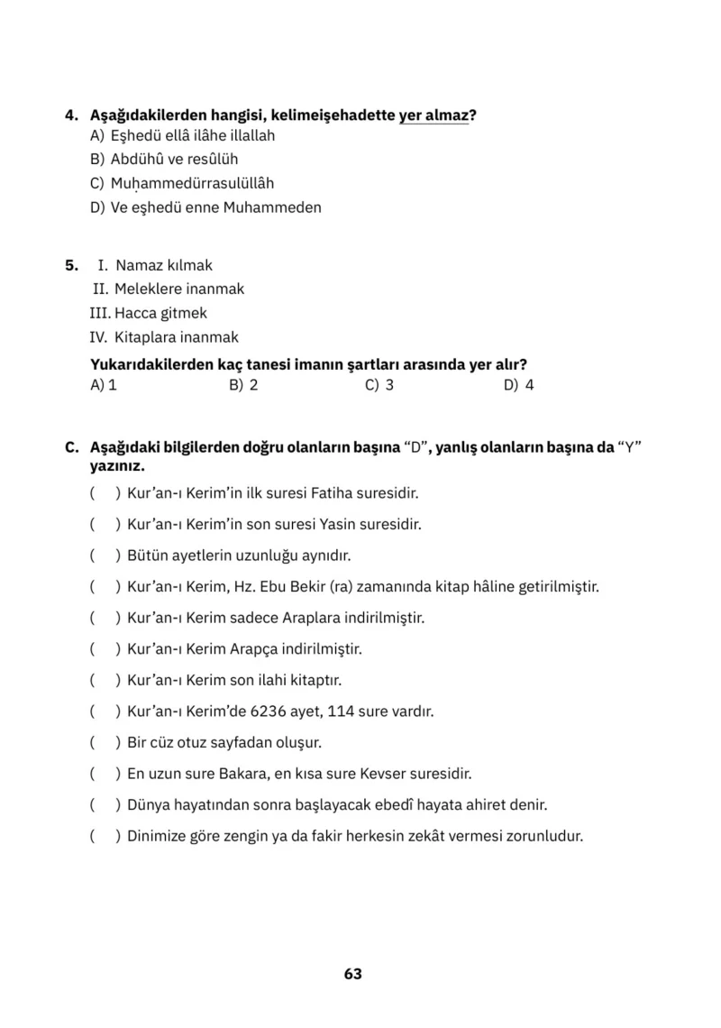 4. Sınıf Din Kültürü ve Ahlak Bilgisi Ders Kitabı Cevapları SDR İpekyolu Yayınları Sayfa 63