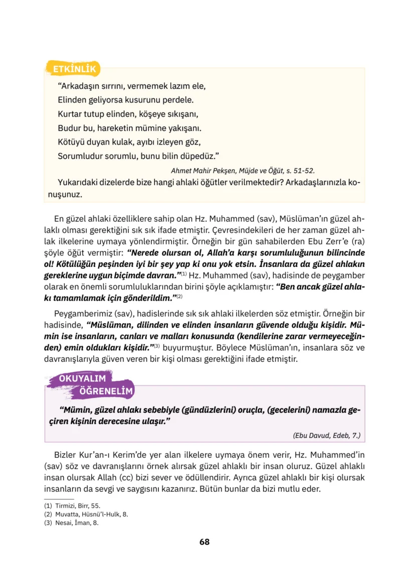 4. Sınıf Din Kültürü ve Ahlak Bilgisi Ders Kitabı Cevapları SDR İpekyolu Yayınları Sayfa 68