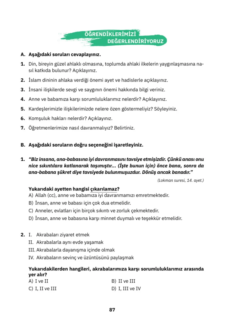 4. Sınıf Din Kültürü ve Ahlak Bilgisi Ders Kitabı Cevapları SDR İpekyolu Yayınları Sayfa 87