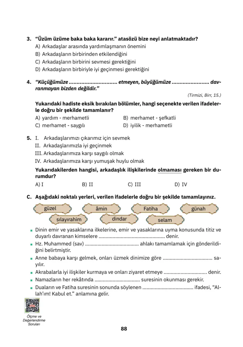 4. Sınıf Din Kültürü ve Ahlak Bilgisi Ders Kitabı Cevapları SDR İpekyolu Yayınları Sayfa 88