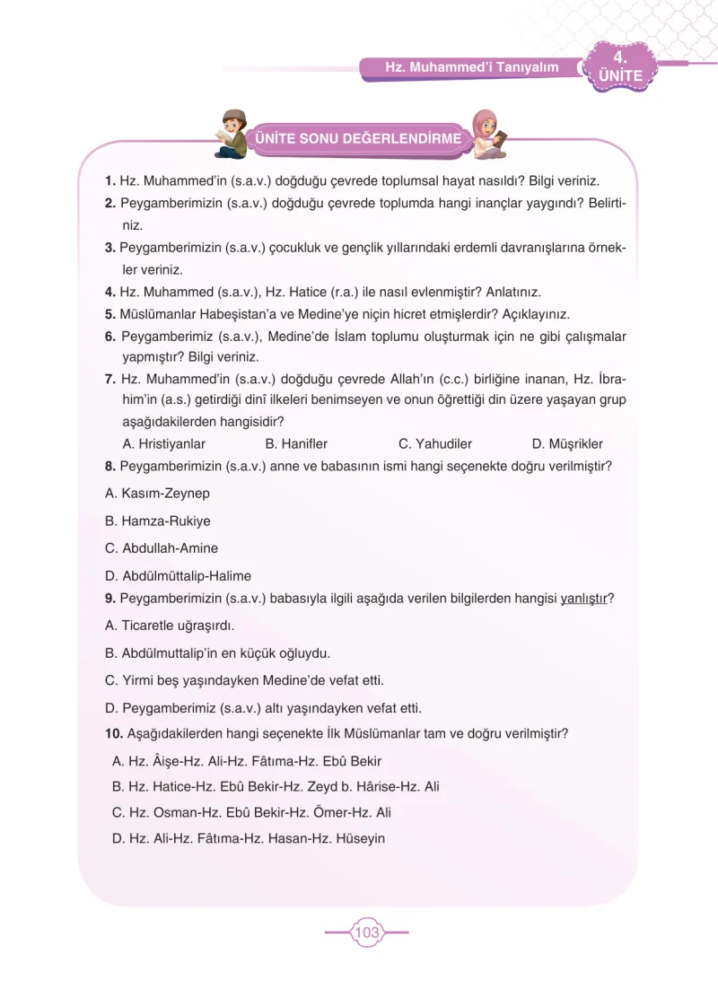4. Sınıf Din Kültürü ve Ahlak Bilgisi Ders Kitabı Cevapları Tutku Yayıncılık Sayfa 103