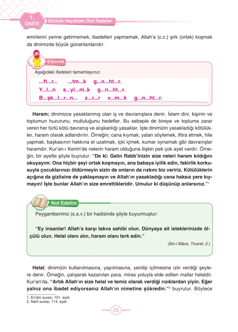 4. Sınıf Din Kültürü ve Ahlak Bilgisi Ders Kitabı Cevapları Tutku Yayıncılık Sayfa 28