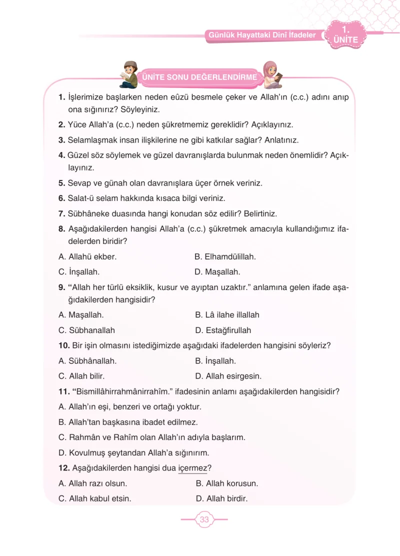 4. Sınıf Din Kültürü ve Ahlak Bilgisi Ders Kitabı Cevapları Tutku Yayıncılık Sayfa 33