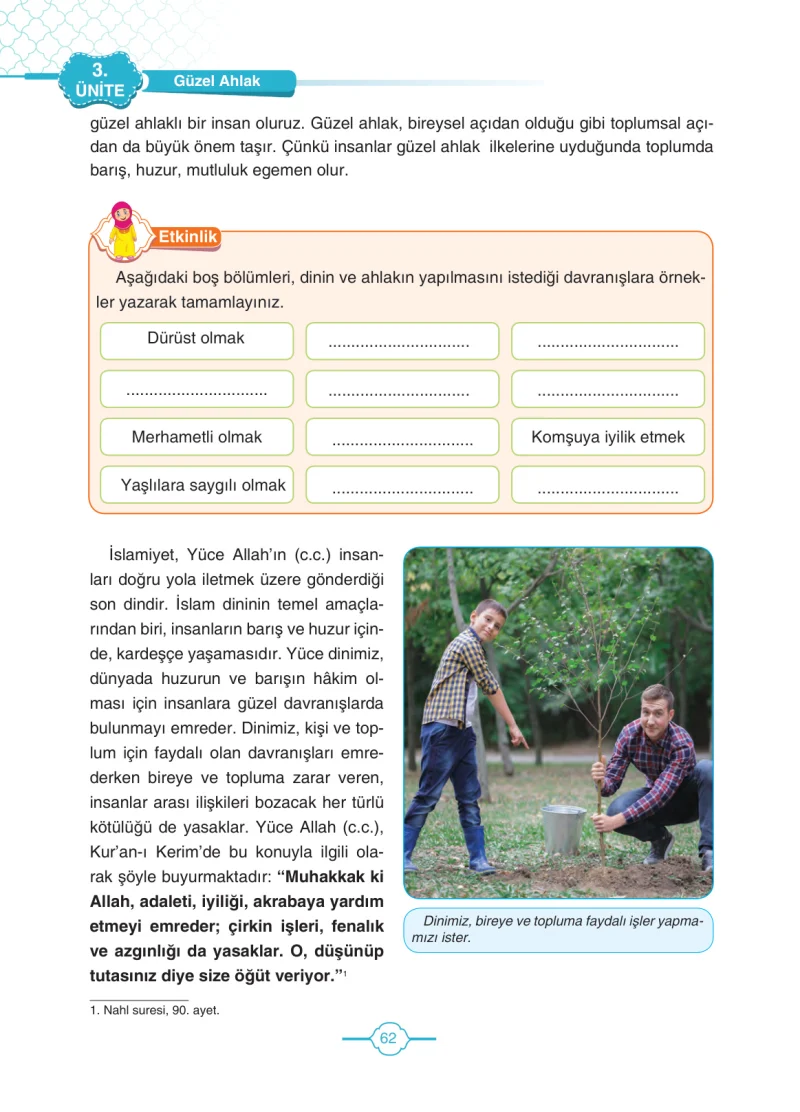 4. Sınıf Din Kültürü ve Ahlak Bilgisi Ders Kitabı Cevapları Tutku Yayıncılık Sayfa 62