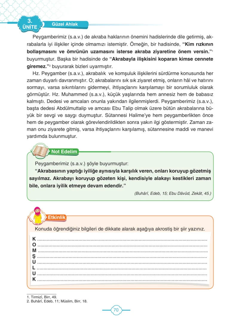 4. Sınıf Din Kültürü ve Ahlak Bilgisi Ders Kitabı Cevapları Tutku Yayıncılık Sayfa 70