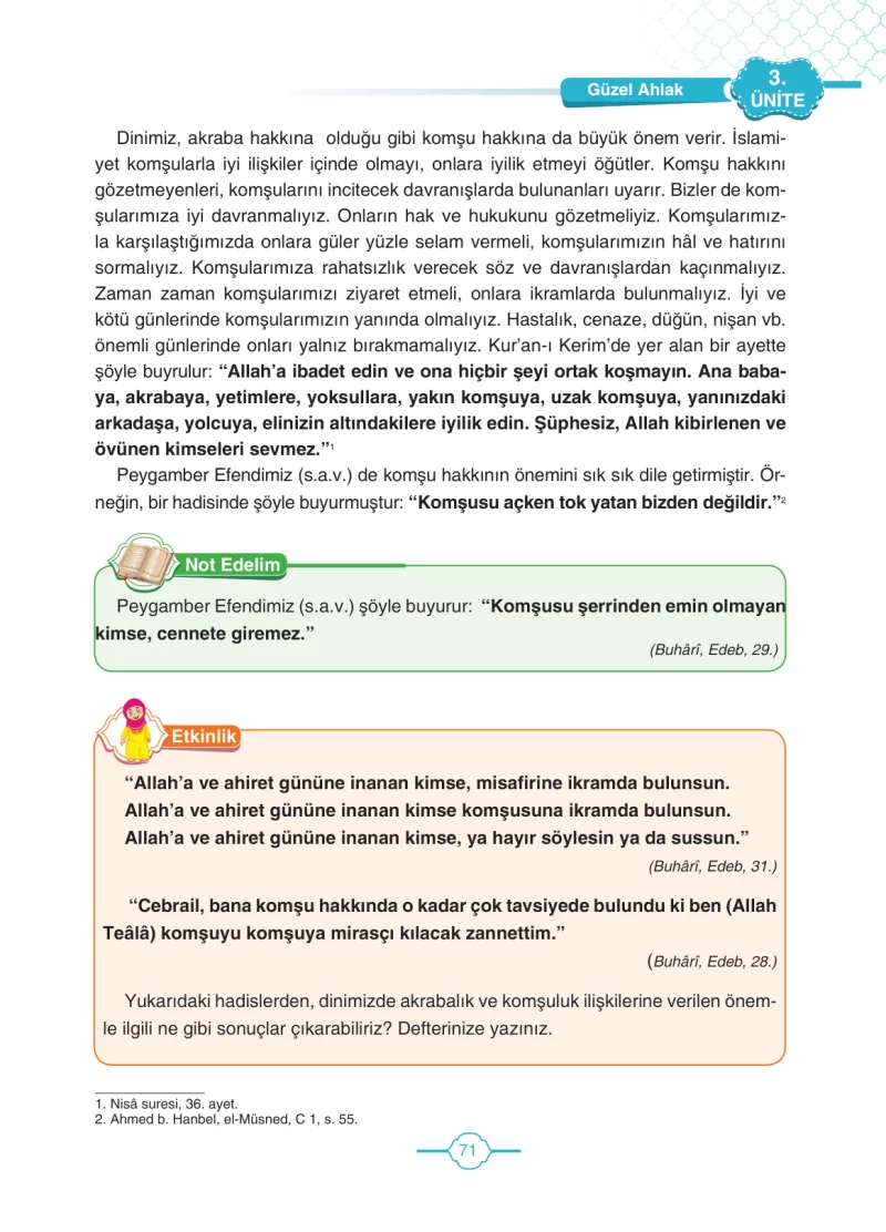4. Sınıf Din Kültürü ve Ahlak Bilgisi Ders Kitabı Cevapları Tutku Yayıncılık Sayfa 71