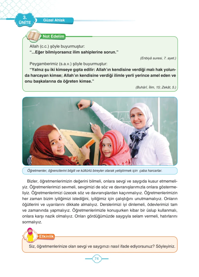 4. Sınıf Din Kültürü ve Ahlak Bilgisi Ders Kitabı Cevapları Tutku Yayıncılık Sayfa 74