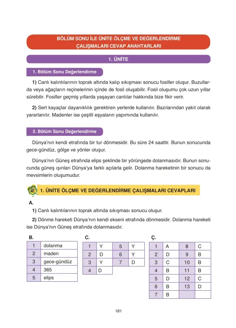 4. Sınıf Fen Bilimleri Ders Kitabı Cevapları Anka Yayınevi Sayfa 181