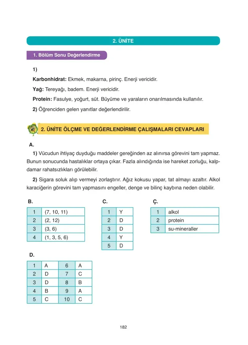 4. Sınıf Fen Bilimleri Ders Kitabı Cevapları Anka Yayınevi Sayfa 182