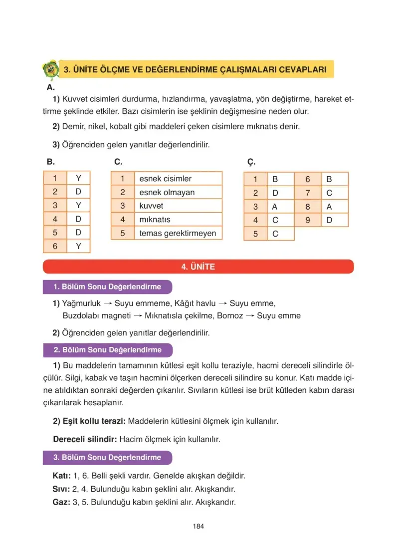 4. Sınıf Fen Bilimleri Ders Kitabı Cevapları Anka Yayınevi Sayfa 184