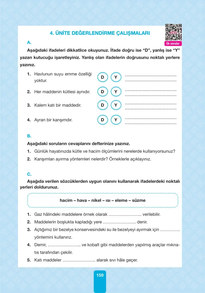 4. Sınıf Fen Bilimleri Ders Kitabı Cevapları Pasifik Yayınları Sayfa 159