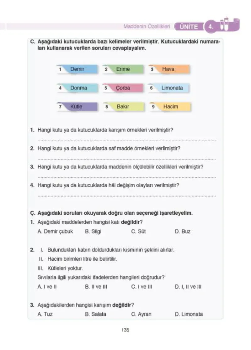 4. Sınıf Fen Bilimleri Ders Kitabı Cevapları SDR İpekyolu Yayıncılık Sayfa 135