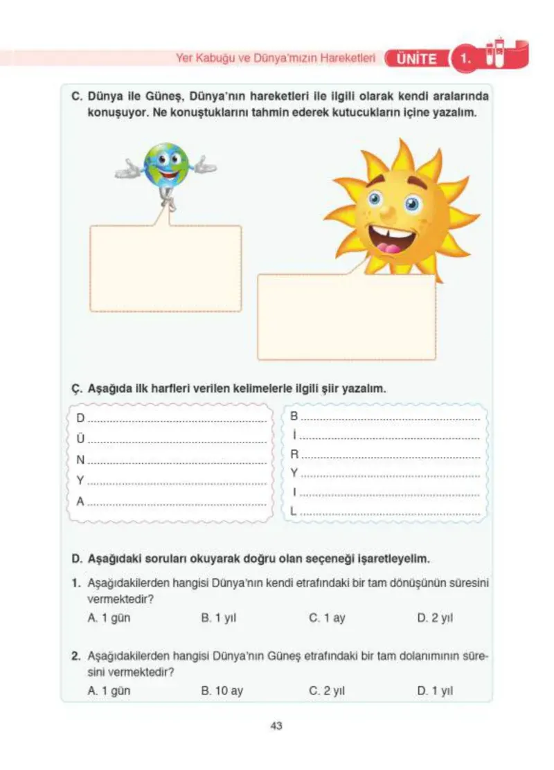 4. Sınıf Fen Bilimleri Ders Kitabı Cevapları SDR İpekyolu Yayıncılık Sayfa 43