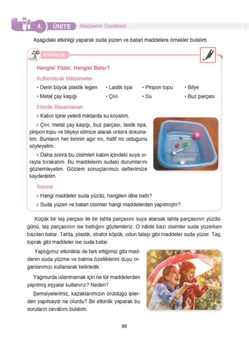 4. Sınıf Fen Bilimleri Ders Kitabı Cevapları SDR İpekyolu Yayıncılık Sayfa 98