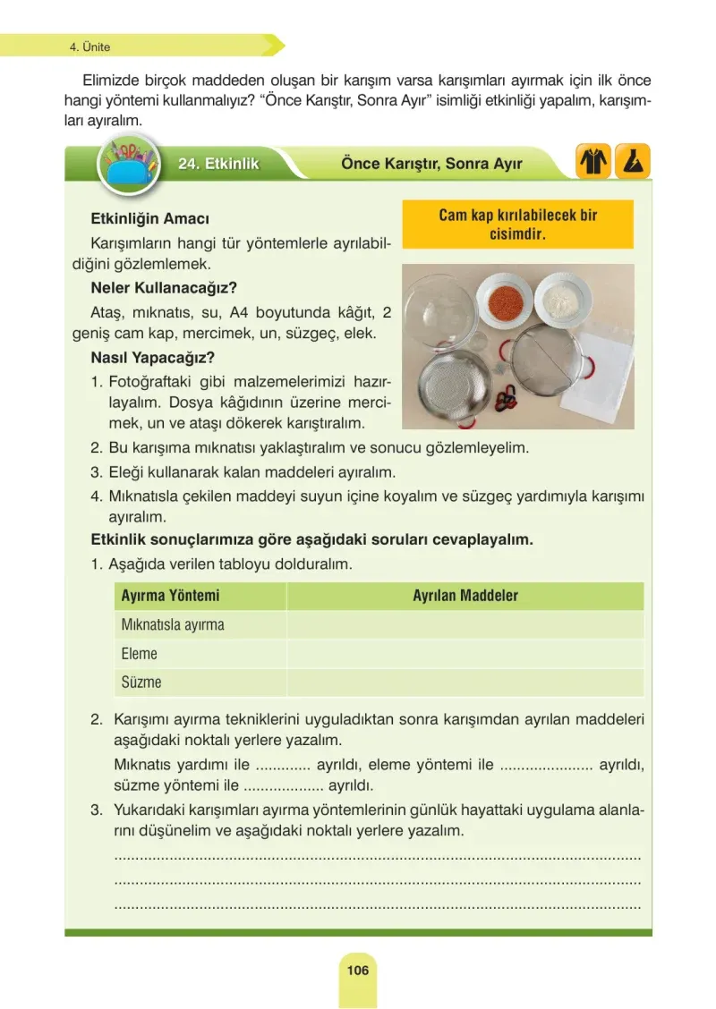 4. Sınıf Fen Bilimleri Ders Kitabı Cevapları Sözcü Yayınları Sayfa 106