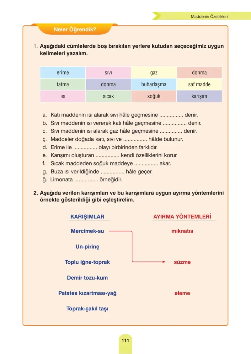 4. Sınıf Fen Bilimleri Ders Kitabı Cevapları Sözcü Yayınları Sayfa 111