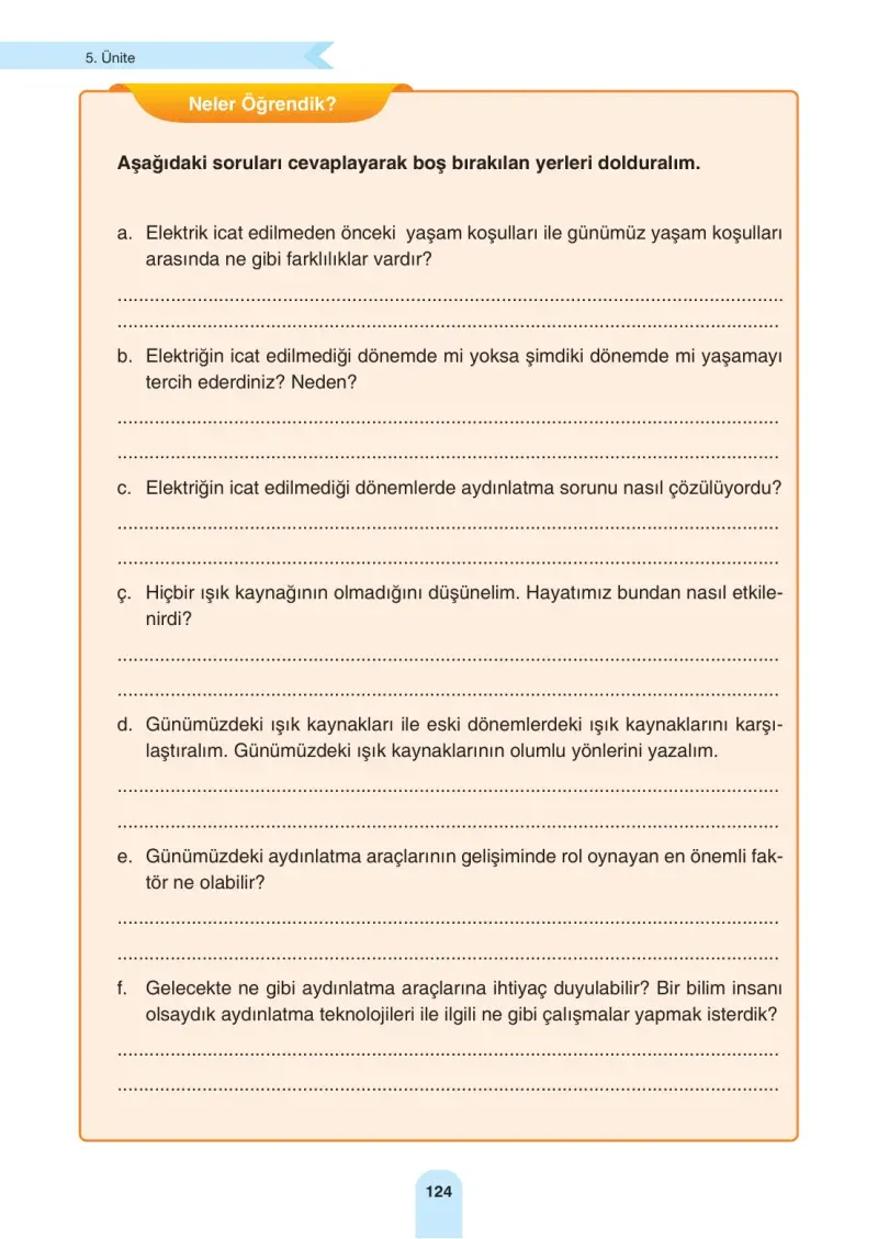 4. Sınıf Fen Bilimleri Ders Kitabı Cevapları Sözcü Yayınları Sayfa 124