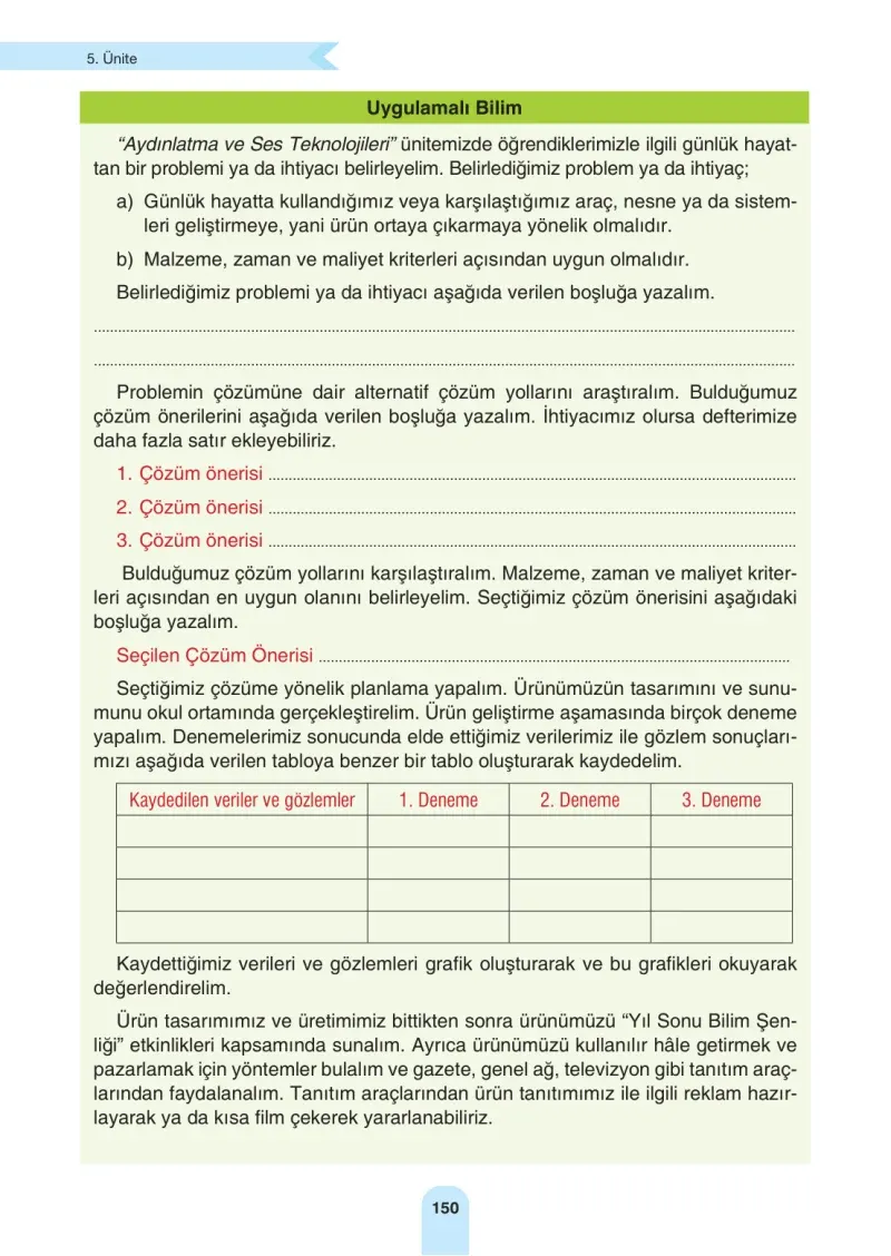 4. Sınıf Fen Bilimleri Ders Kitabı Cevapları Sözcü Yayınları Sayfa 150