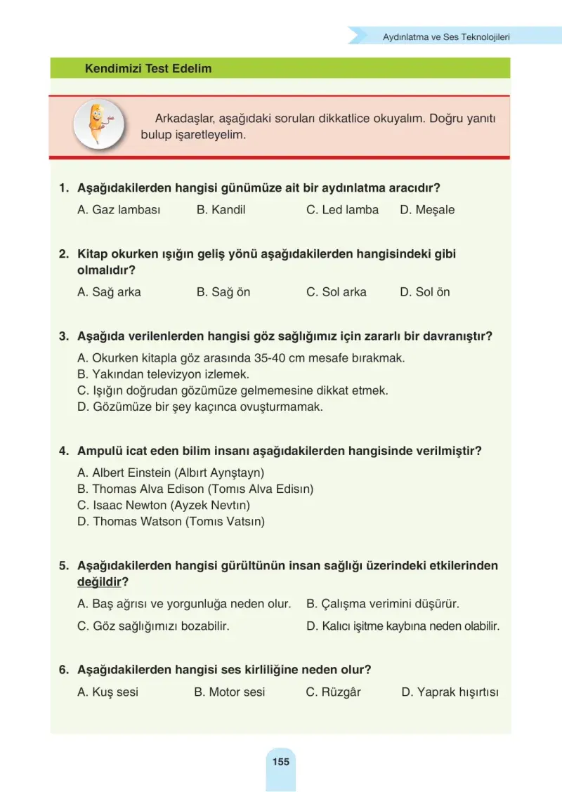 4. Sınıf Fen Bilimleri Ders Kitabı Cevapları Sözcü Yayınları Sayfa 155