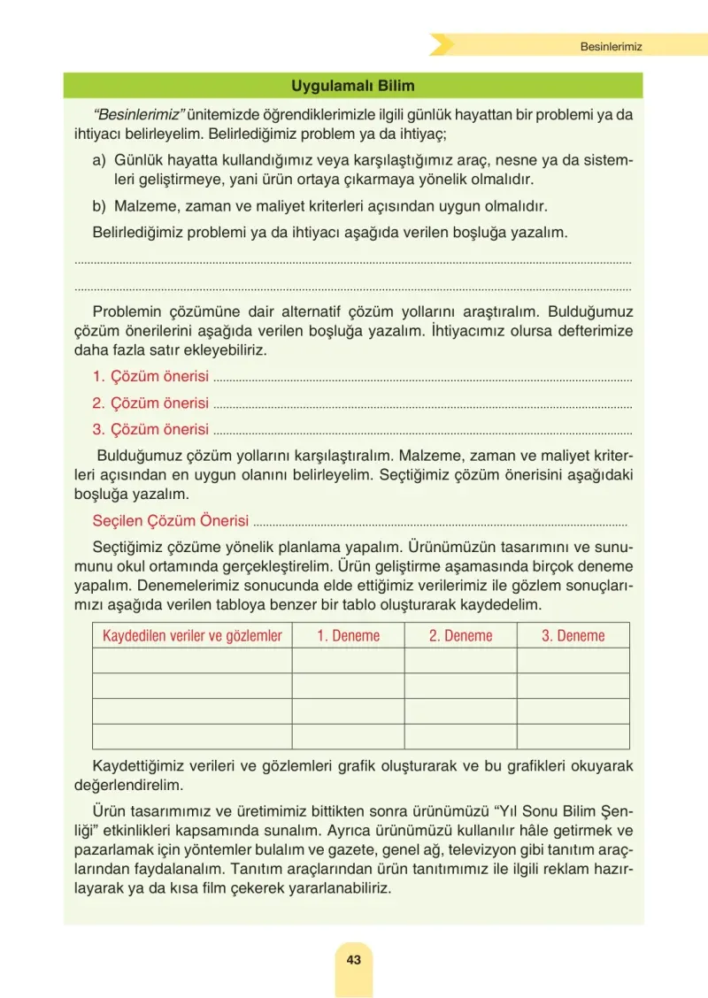 4. Sınıf Fen Bilimleri Ders Kitabı Cevapları Sözcü Yayınları Sayfa 43
