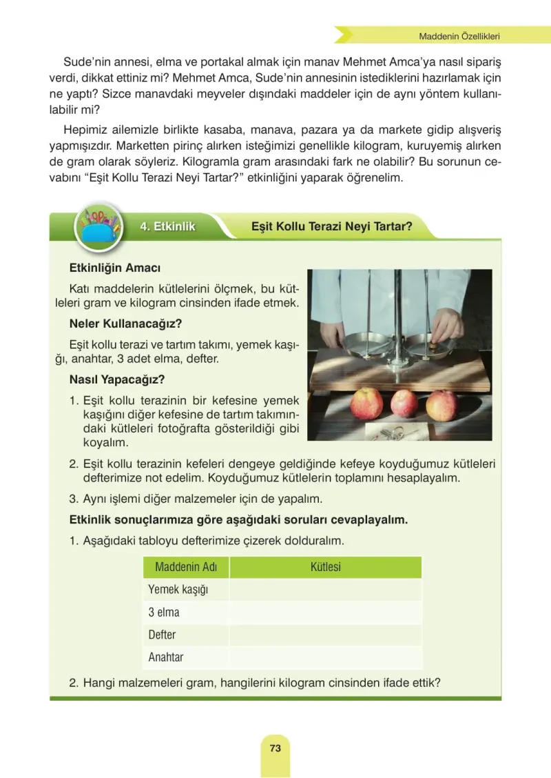 4. Sınıf Fen Bilimleri Ders Kitabı Cevapları Sözcü Yayınları Sayfa 73