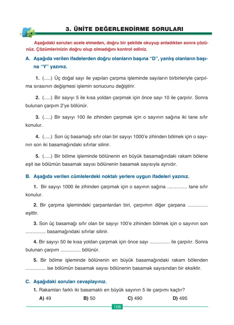 4. Sınıf Matematik Ders Kitabı Cevapları Ada Yayınları Sayfa 106