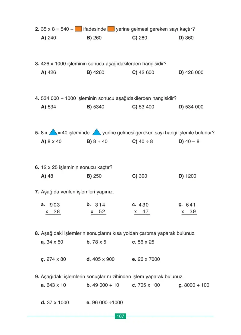 4. Sınıf Matematik Ders Kitabı Cevapları Ada Yayınları Sayfa 107